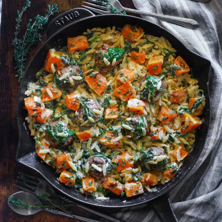 Baked Chicken Meatballs with Creamy Butternut Squash and Spinach Orzo