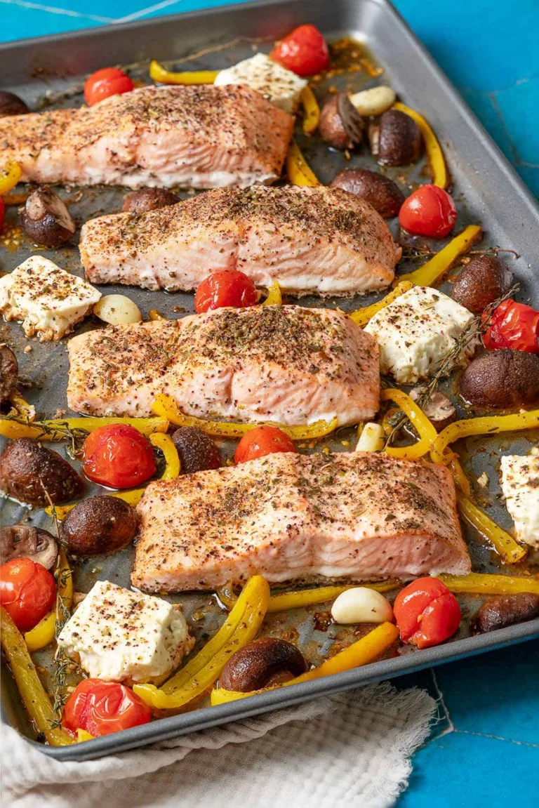 Easy Baked Salmon with Vegetables and Feta