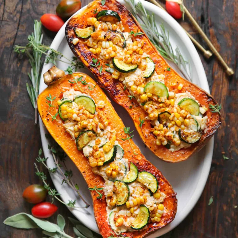 Roasted Butternut Squash stuffed with Corn, Zucchini, and Cheese
