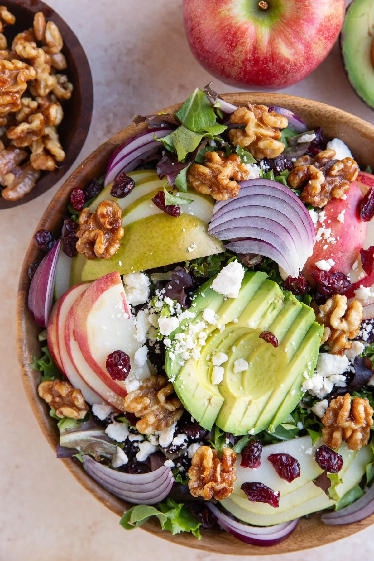 Pear Apple Avocado Spinach Salad with Candied Walnuts, Feta, and Balsamic Vinaigrette
