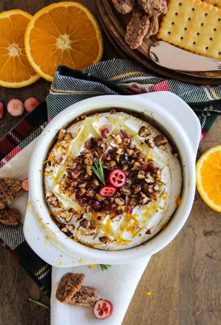 Cranberry Orange Baked Brie with Honey and Candied Pecans