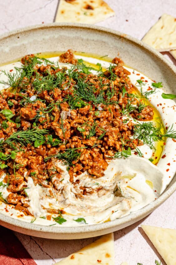 Spicy Lamb and Eggplant Labneh