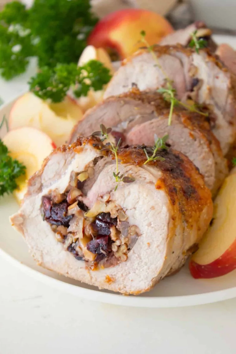 Stuffed Pork Loin with Apples, Cranberries and Pecans