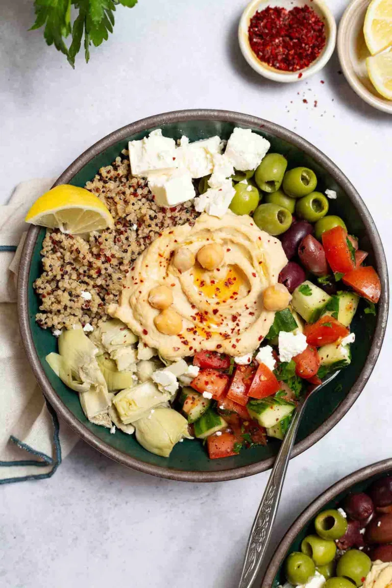 Mediterranean Bowl with Quinoa, Hummus, and Harissa