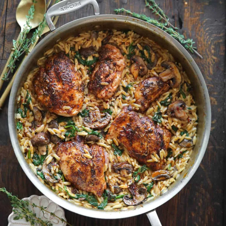 Creamy Chicken Orzo with Mushrooms and Spinach (30-Minutes, ONE-PAN)