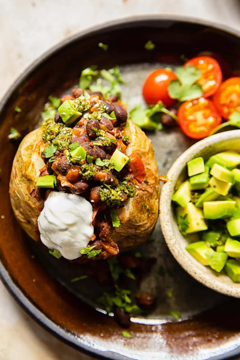 Jacket Potatoes with Spicy Baked Beans and Chimichurri Sauce