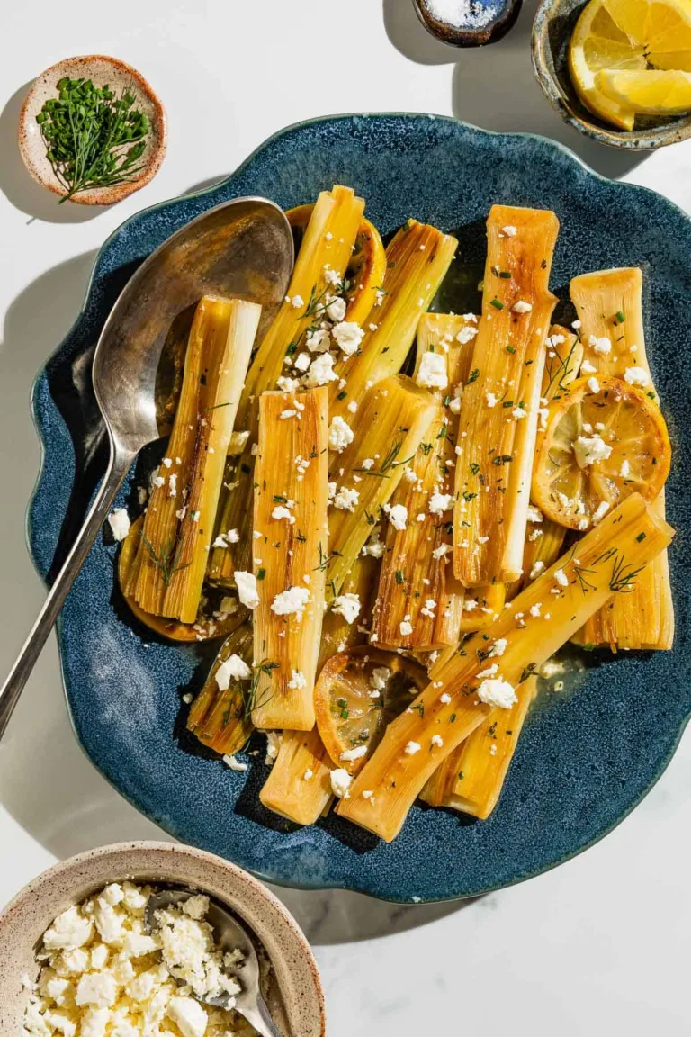 Whole Braised Leeks with Fresh Herbs and Feta