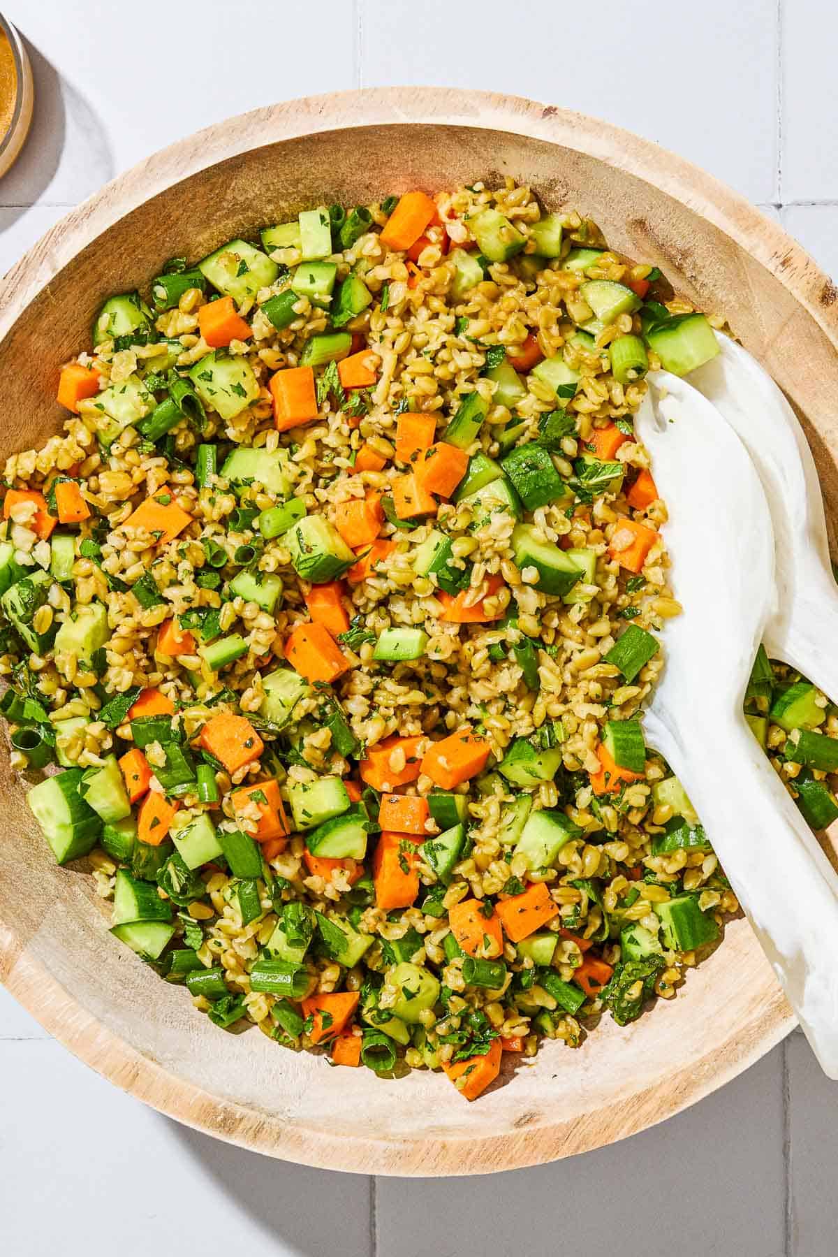 Herby Freekeh Salad with Fresh Veggies and Pomegranate Dressing