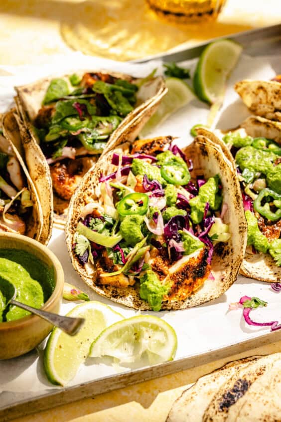 Grilled Fish Tacos with Citrus Slaw and Green Sauce