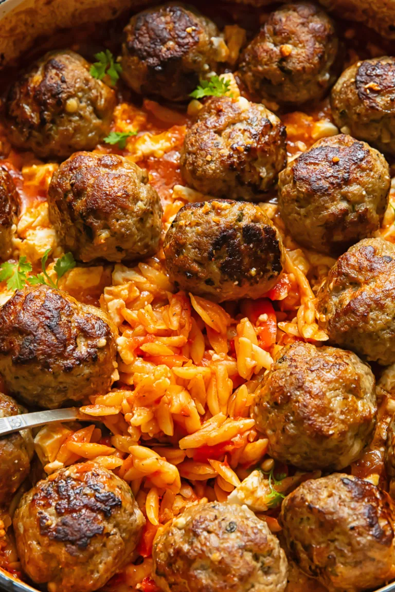 One Pan Greek Baked Orzo with Meatballs