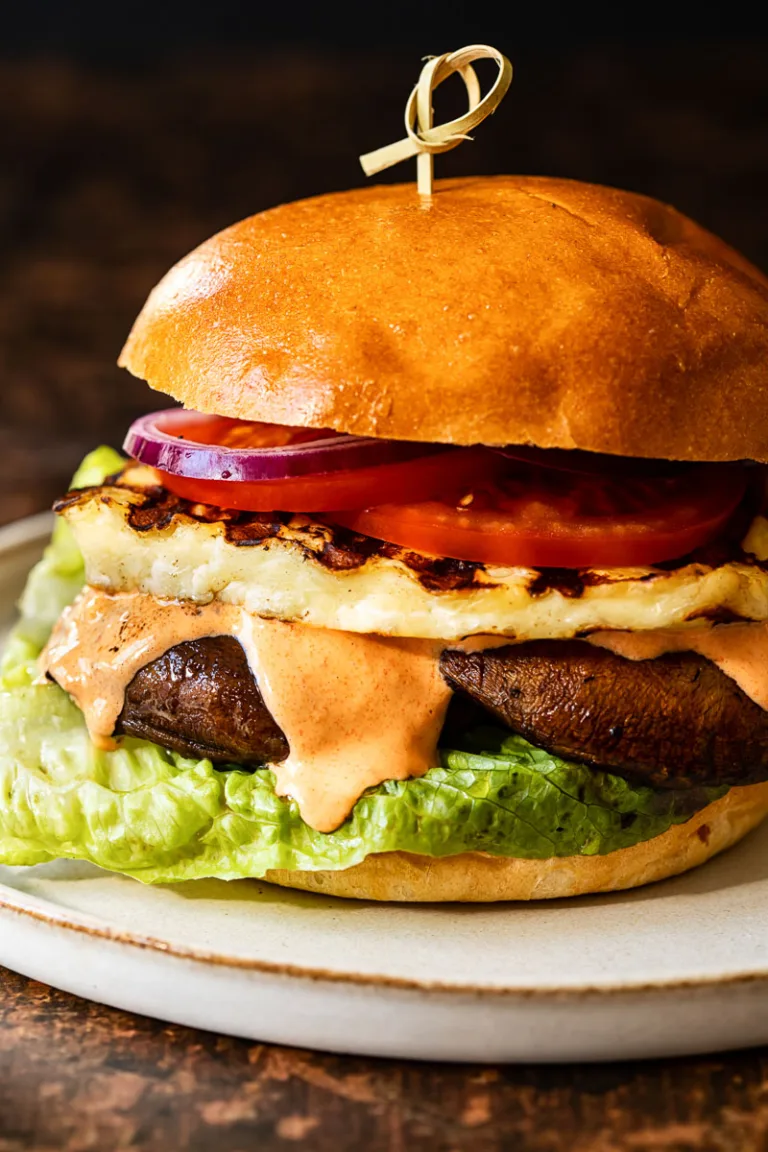 Grilled Halloumi Burger with Garlic Red Pepper Aioli