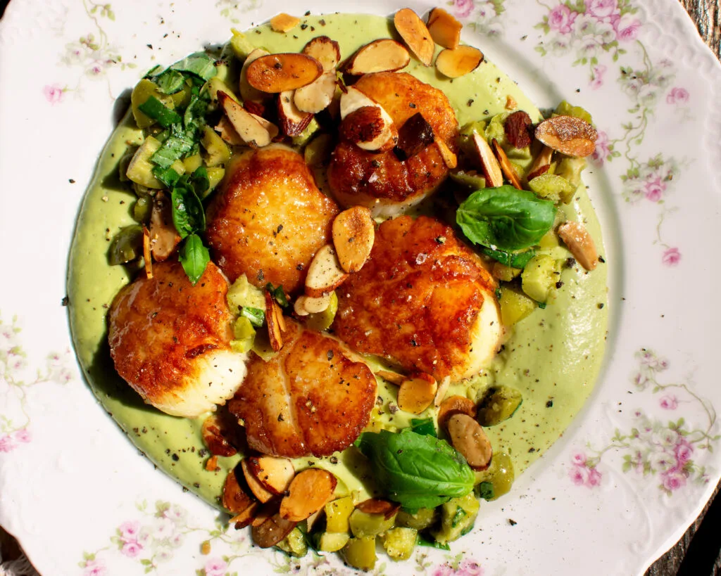 Seared Scallops with Whipped Cauliflower, Olives, and Almonds