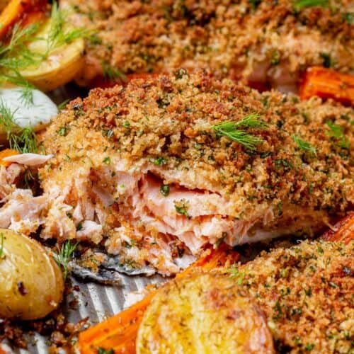 Herb Crusted Salmon with Crispy Potatoes and Carrots