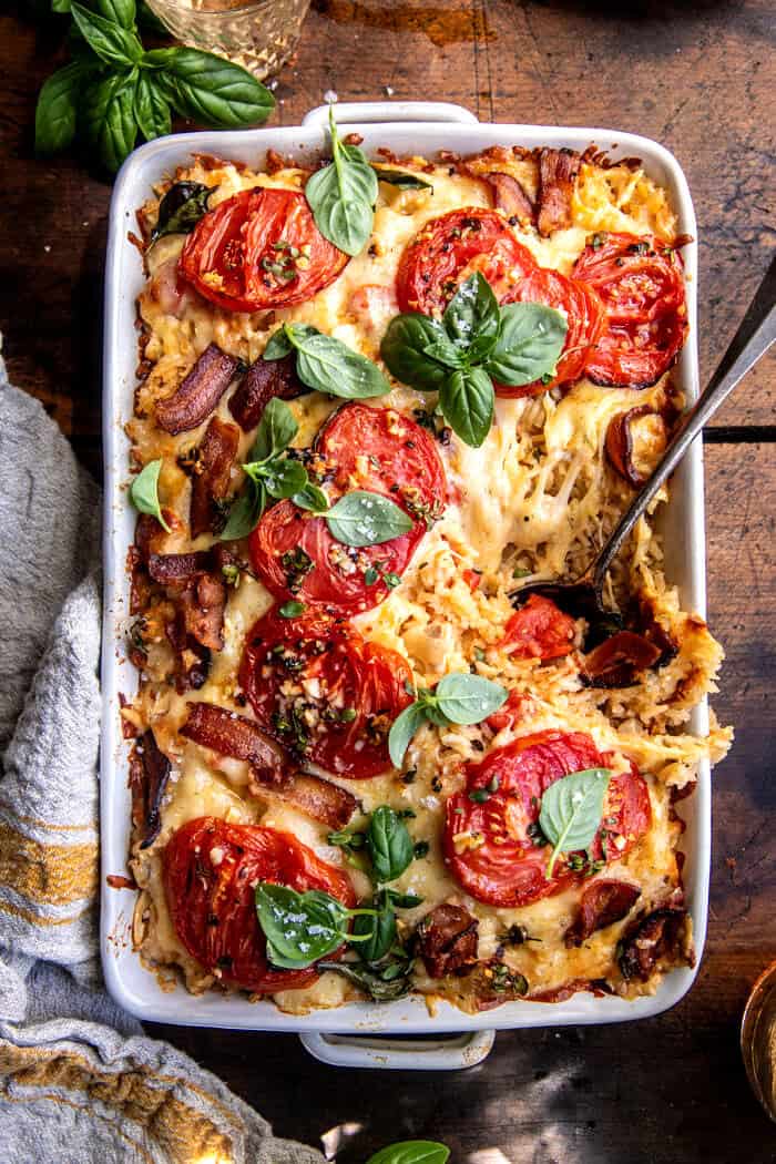 Tomato Cheddar Chicken and Rice Bake.