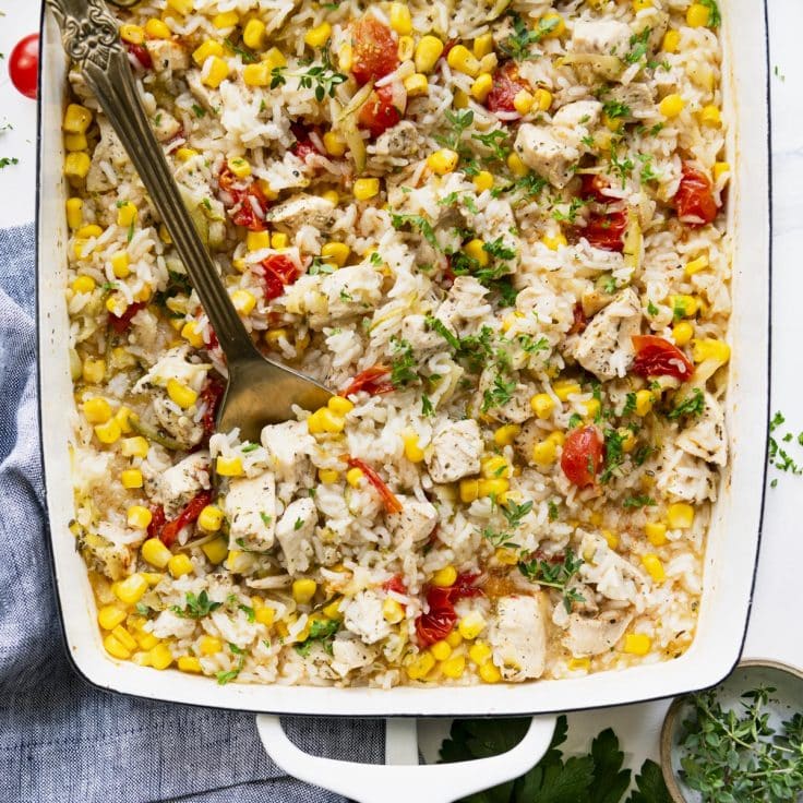 Dump-and-Bake Chicken and Rice with Summer Veggies