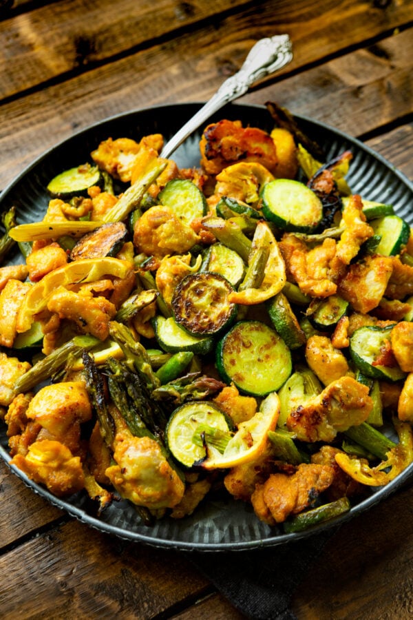 One Pan Honey Turmeric Chicken with Asparagus and Zucchini
