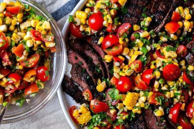 summer steak with corn and tomatoes
