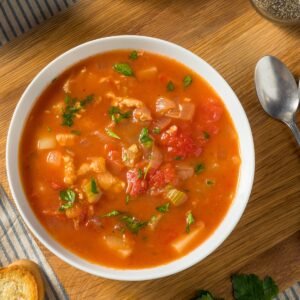 a bowl of Manhattan clam chowder