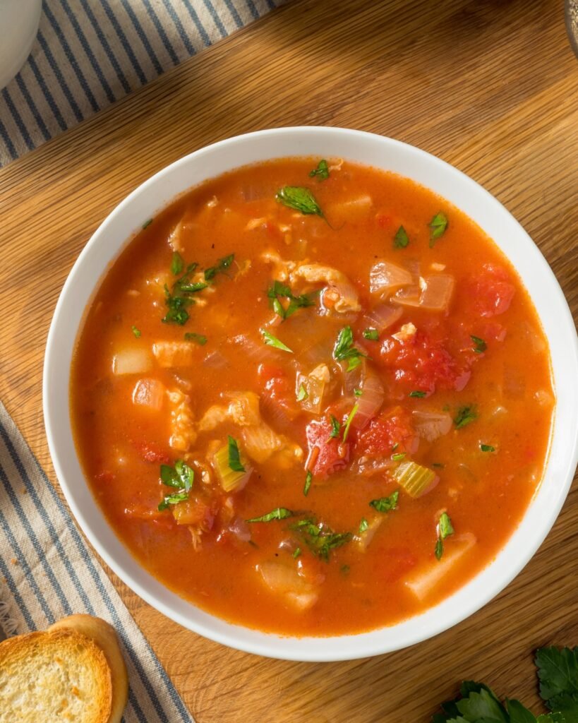 a bowl of Manhattan clam chowder