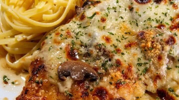 close up of chicken lombardy over pasta