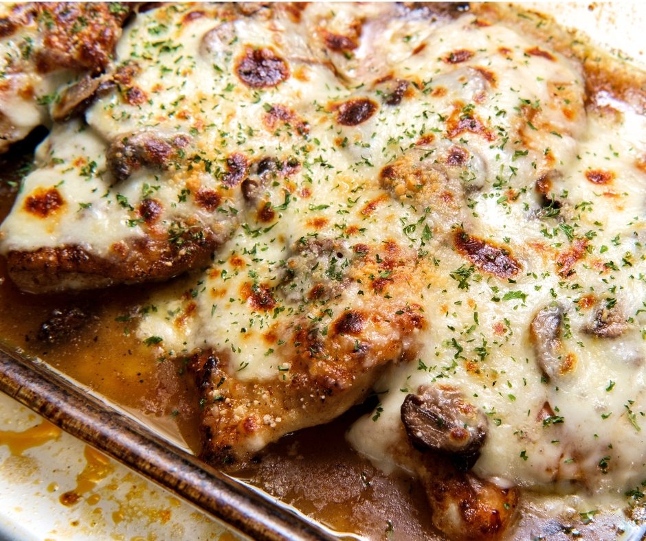 close up of chicken lombardy in a baking dish