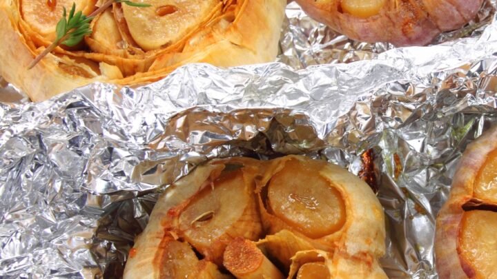 oven roasted garlic bulb wrapped in aluminum foil