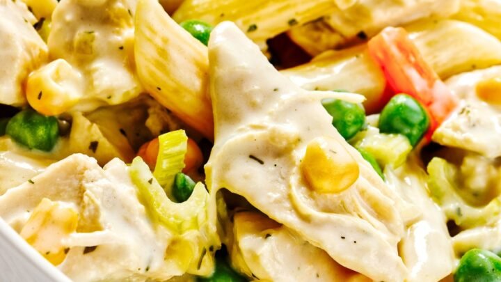 close up of chicken pot pie pasta recipe