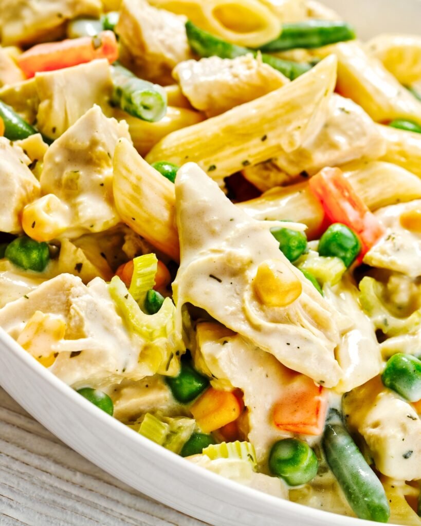 close up of chicken pot pie pasta recipe