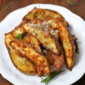 rosemary parmesan potato wedges on a white plate