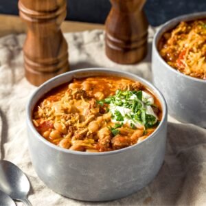 turkey chili in a light gray bowl - turkey chili recipe