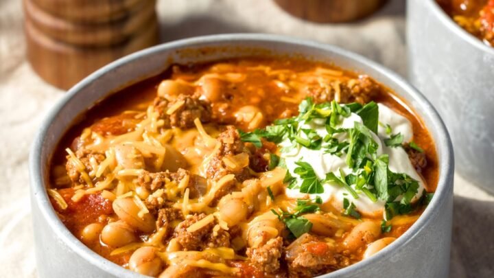 turkey chili in a light gray bowl