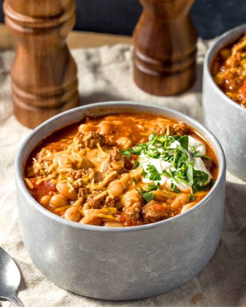 turkey chili in a light gray bowl - healthy turkey chili recipe